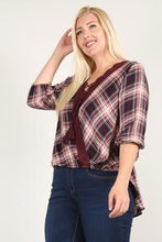 Load image into Gallery viewer, Plaid 3/4 Sleeve Top With Hi-lo Hem, V-neckline, And Relaxed Fit