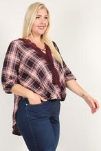 Load image into Gallery viewer, Plaid 3/4 Sleeve Top With Hi-lo Hem, V-neckline, And Relaxed Fit