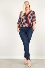 Load image into Gallery viewer, Plaid 3/4 Sleeve Top With Hi-lo Hem, V-neckline, And Relaxed Fit