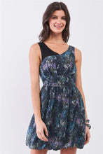 Load image into Gallery viewer, Navy Blue Sleeveless Mesh V-neck Self-tie Waist Stitched Together Bottom Mini Dress