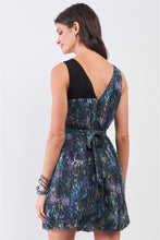 Load image into Gallery viewer, Navy Blue Sleeveless Mesh V-neck Self-tie Waist Stitched Together Bottom Mini Dress