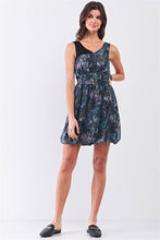 Load image into Gallery viewer, Navy Blue Sleeveless Mesh V-neck Self-tie Waist Stitched Together Bottom Mini Dress
