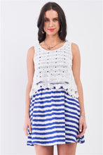 Load image into Gallery viewer, White &amp; Navy Horizontal Striped Round Neck Sleeveless Floral Embroidery Layered Top Mini Dress