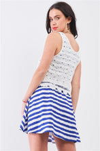 Load image into Gallery viewer, White &amp; Navy Horizontal Striped Round Neck Sleeveless Floral Embroidery Layered Top Mini Dress