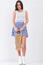 Load image into Gallery viewer, White &amp; Navy Horizontal Striped Round Neck Sleeveless Floral Embroidery Layered Top Mini Dress