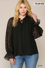 Load image into Gallery viewer, Zebra Burnout Sleeve Ruffled Neck Bubble Crepe Blouse