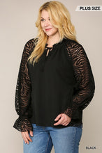 Load image into Gallery viewer, Zebra Burnout Sleeve Ruffled Neck Bubble Crepe Blouse