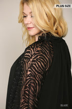Load image into Gallery viewer, Zebra Burnout Sleeve Ruffled Neck Bubble Crepe Blouse