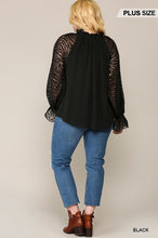 Load image into Gallery viewer, Zebra Burnout Sleeve Ruffled Neck Bubble Crepe Blouse