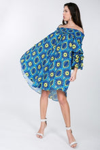 Load image into Gallery viewer, Puffy Ruffle Sleeve Smocking Off Shoulder Print Midi Dress
