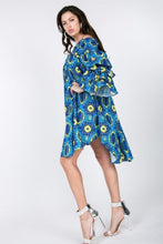 Load image into Gallery viewer, Puffy Ruffle Sleeve Smocking Off Shoulder Print Midi Dress