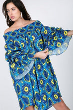 Load image into Gallery viewer, Puffy Ruffle Sleeve Smocking Off Shoulder Print Midi Dress