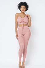 Load image into Gallery viewer, Mesh Strappy Adjustable Ruched Crop Top With Matching See Through Side Panel Leggings