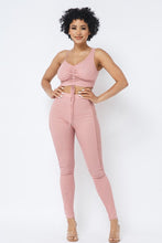 Load image into Gallery viewer, Mesh Strappy Adjustable Ruched Crop Top With Matching See Through Side Panel Leggings