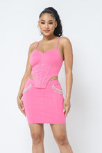 Load image into Gallery viewer, Rhinestone Detailed Strappy Cropped Top With Matching Rhinestone Pocket Detail Mini Skirt