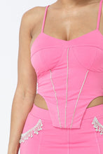 Load image into Gallery viewer, Rhinestone Detailed Strappy Cropped Top With Matching Rhinestone Pocket Detail Mini Skirt