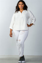 Load image into Gallery viewer, Plus Size Oatmeal Stand-up Collar Roll Tab Sleeve Blouse