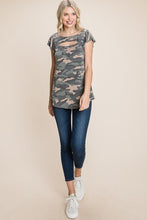 Load image into Gallery viewer, Army Camo Printed Cut Out Neckline Short Flutter Sleeves Casual Basic Top
