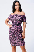 Load image into Gallery viewer, Leopard Print Off Shoulder Shirring Bodycon Dress