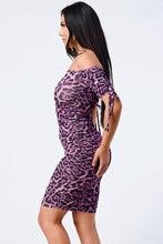 Load image into Gallery viewer, Leopard Print Off Shoulder Shirring Bodycon Dress