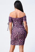 Load image into Gallery viewer, Leopard Print Off Shoulder Shirring Bodycon Dress
