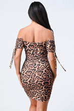 Load image into Gallery viewer, Leopard Print Off Shoulder Shirring Bodycon Dress