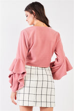 Load image into Gallery viewer, Fuzzy long ruffle sleeve v-neck self-tie front detail cropped top
