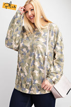 Load image into Gallery viewer, Plus Size Long Sleeve Distressed Printed Rayon Pullover Top