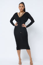 Load image into Gallery viewer, Long Sleeve Midi Dress With Low V Neck Front And Back With Ruching On Sides And Chest