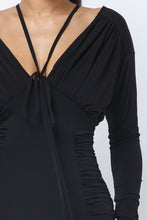 Load image into Gallery viewer, Long Sleeve Midi Dress With Low V Neck Front And Back With Ruching On Sides And Chest