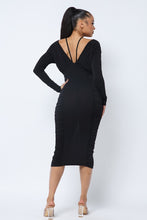 Load image into Gallery viewer, Long Sleeve Midi Dress With Low V Neck Front And Back With Ruching On Sides And Chest