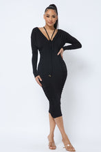 Load image into Gallery viewer, Long Sleeve Midi Dress With Low V Neck Front And Back With Ruching On Sides And Chest