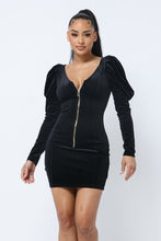 Load image into Gallery viewer, Soft Velvet Pleated Puff Sleeve Low V Neck Front And Back Mini Dress