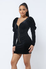 Load image into Gallery viewer, Soft Velvet Pleated Puff Sleeve Low V Neck Front And Back Mini Dress
