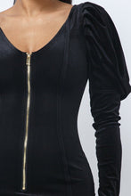 Load image into Gallery viewer, Soft Velvet Pleated Puff Sleeve Low V Neck Front And Back Mini Dress