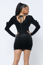 Load image into Gallery viewer, Soft Velvet Pleated Puff Sleeve Low V Neck Front And Back Mini Dress
