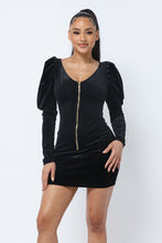 Load image into Gallery viewer, Soft Velvet Pleated Puff Sleeve Low V Neck Front And Back Mini Dress