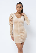 Load image into Gallery viewer, Soft Velvet Pleated Puff Sleeve Low V Neck Front And Back Mini Dress