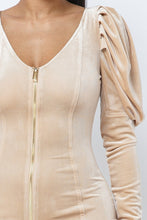 Load image into Gallery viewer, Soft Velvet Pleated Puff Sleeve Low V Neck Front And Back Mini Dress