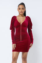 Load image into Gallery viewer, Soft Velvet Pleated Puff Sleeve Low V Neck Front And Back Mini Dress