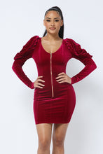 Load image into Gallery viewer, Soft Velvet Pleated Puff Sleeve Low V Neck Front And Back Mini Dress