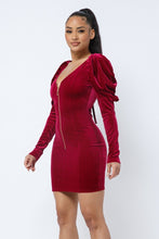 Load image into Gallery viewer, Soft Velvet Pleated Puff Sleeve Low V Neck Front And Back Mini Dress