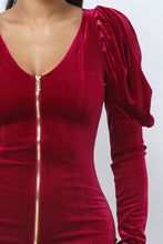 Load image into Gallery viewer, Soft Velvet Pleated Puff Sleeve Low V Neck Front And Back Mini Dress