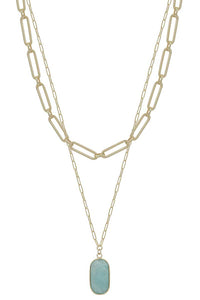 2 Layered Metal Chain Stone Pendant Necklace