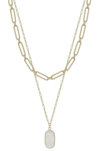 2 Layered Metal Chain Stone Pendant Necklace