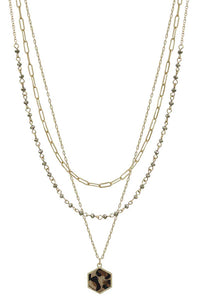 3 Layered Metal Crystal Bead Chain Hexagon Leopard Pendant Necklace