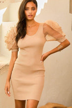 Load image into Gallery viewer, V Neck Contrast Flower Lace Bubble Sleeve Midi Bodycon Dress