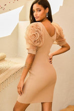 Load image into Gallery viewer, V Neck Contrast Flower Lace Bubble Sleeve Midi Bodycon Dress