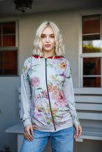 Load image into Gallery viewer, Grey Pink Flower Print Contrast Double Hood Sweater