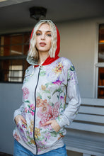 Load image into Gallery viewer, Grey Pink Flower Print Contrast Double Hood Sweater
